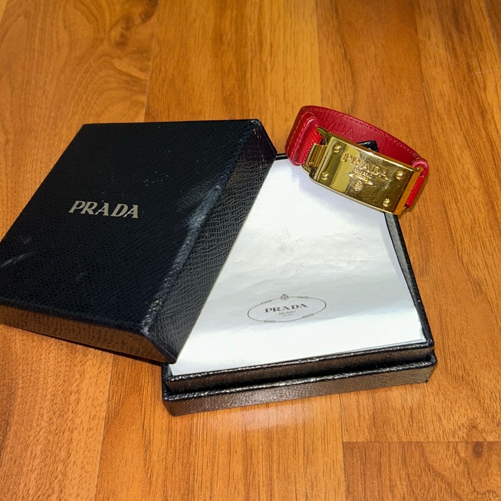 Authentic Prada Saffiano Leather and Gold Tone Name Plate Bracelet